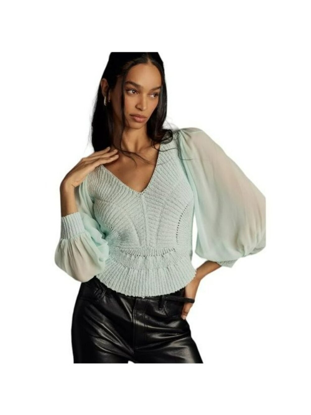 Anthropologie $138 Blue Knit Sheer Long Sleeve Top NWT Size Small